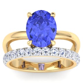 3 Carat Oval Shape Tanzanite and Halo Diamond Ring Plus Band In 14 Karat Yellow Gold