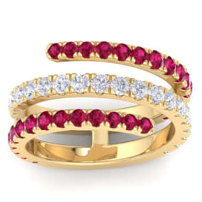 1 1/2 Carat Lab Grown Diamond and Ruby Wrap Ring In 14 Karat Yellow Gold