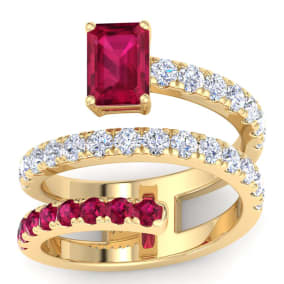 1 3/4 Carat Lab Grown Diamond and Ruby Wrap Ring In 14 Karat Yellow Gold