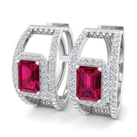 3 Carat Ruby and Lab Grown Diamond Hoop Earrings In 14 Karat White Gold