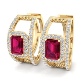 3 Carat Ruby and Lab Grown Diamond Hoop Earrings In 14 Karat Yellow Gold