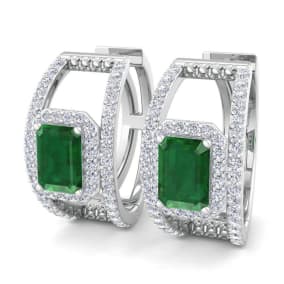 3 Carat Emerald and Lab Grown Diamond Hoop Earrings In 14 Karat White Gold