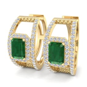 3 Carat Emerald and Lab Grown Diamond Hoop Earrings In 14 Karat Yellow Gold