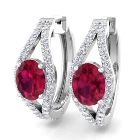 2 1/4 Carat Ruby and Lab Grown Diamond Hoop Earrings In 14 Karat White Gold