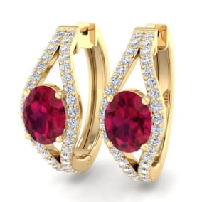 2 1/4 Carat Ruby and Lab Grown Diamond Hoop Earrings In 14 Karat Yellow Gold