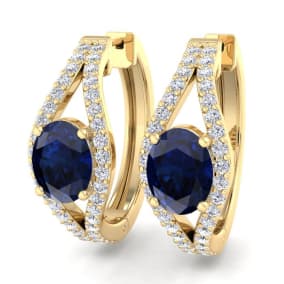 2 1/4 Carat Sapphire and Lab Grown Diamond Hoop Earrings In 14 Karat Yellow Gold