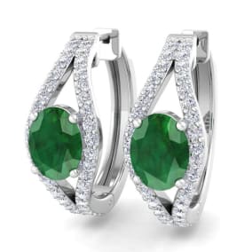 2 1/4 Carat Emerald and Lab Grown Diamond Hoop Earrings In 14 Karat White Gold