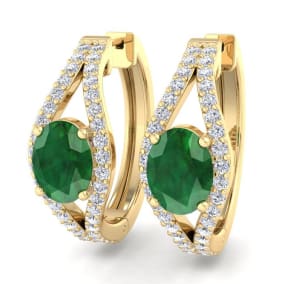 2 1/4 Carat Emerald and Lab Grown Diamond Hoop Earrings In 14 Karat Yellow Gold