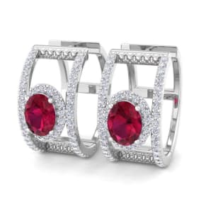 2 1/2 Carat Ruby and Lab Grown Diamond Hoop Earrings In 14 Karat White Gold