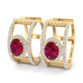 2 1/2 Carat Ruby and Lab Grown Diamond Hoop Earrings In 14 Karat Yellow Gold