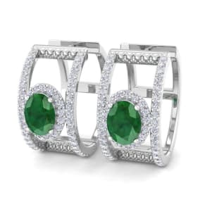 2 1/2 Carat Emerald and Lab Grown Diamond Hoop Earrings In 14 Karat White Gold