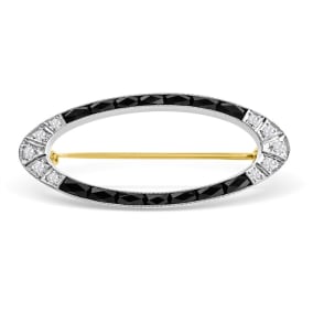 Vintage Estate 14K White and Yellow Gold White Sapphire and Black Onyx Pin, 1 1/2 Inches