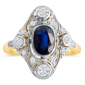 Vintage Estate 18K White and Yellow Gold 3/4 Carat Blue Sapphire and 1/2 Carat European and Rose Cut Diamond Ring, Size 6.5