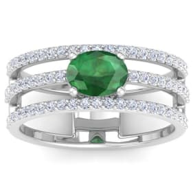 1 1/2 Carat Lab Grown Diamond and Emerald Wrap Ring In 14 Karat White Gold