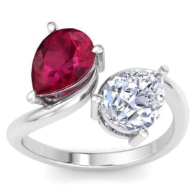 3 1/2 Carat Ruby and Lab Grown Diamond Two Stone Engagement Ring In 14 Karat White Gold, Pear-Pear