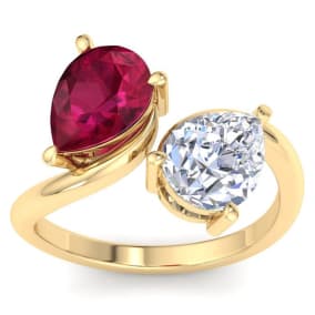 3 1/2 Carat Ruby and Lab Grown Diamond Two Stone Engagement Ring In 14 Karat Yellow Gold, Pear-Pear