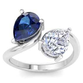 3 1/2 Carat Sapphire and Lab Grown Diamond Two Stone Engagement Ring In 14 Karat White Gold, Pear-Pear