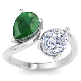 3 1/2 Carat Emerald and Lab Grown Diamond Two Stone Engagement Ring In 14 Karat White Gold, Pear-Pear
