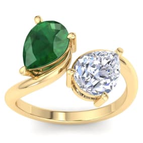 3 1/2 Carat Emerald and Lab Grown Diamond Two Stone Engagement Ring In 14 Karat Yellow Gold, Pear-Pear