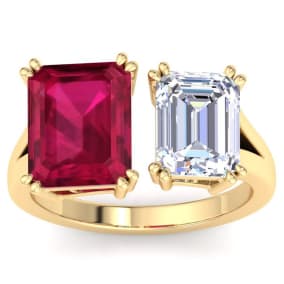 6 Carat Ruby and Lab Grown Diamond Two Stone Engagement Ring In 14 Karat Yellow Gold, Emerald