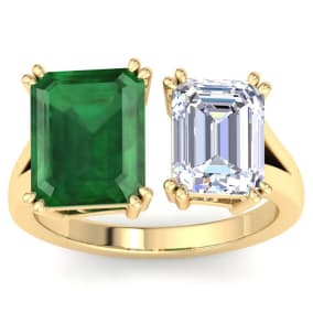 6 Carat Emerald and Lab Grown Diamond Two Stone Engagement Ring In 14 Karat Yellow Gold, Emerald