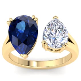 4 3/4 Carat Sapphire and Lab Grown Diamond Two Stone Engagement Ring In 14 Karat Yellow Gold, Pear