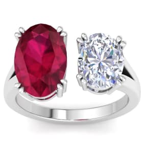 5 Carat Ruby and Lab Grown Diamond Two Stone Engagement Ring In 14 Karat White Gold, Oval