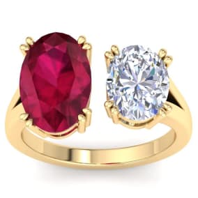 5 Carat Ruby and Lab Grown Diamond Two Stone Engagement Ring In 14 Karat Yellow Gold, Oval