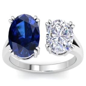 5 Carat Sapphire and Lab Grown Diamond Two Stone Engagement Ring In 14 Karat White Gold, Oval