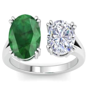 5 Carat Emerald and Lab Grown Diamond Two Stone Engagement Ring In 14 Karat White Gold, Oval