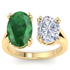 5 Carat Emerald and Lab Grown Diamond Two Stone Engagement Ring In 14 Karat Yellow Gold, Oval