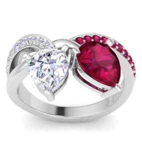 3 1/2 Carat Ruby and Lab Grown Diamond Two Stone Engagement Ring In 14 Karat White Gold, Pear