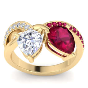 3 1/2 Carat Ruby and Lab Grown Diamond Two Stone Engagement Ring In 14 Karat Yellow Gold, Pear