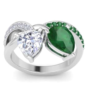 3 1/2 Carat Emerald and Lab Grown Diamond Two Stone Engagement Ring In 14 Karat White Gold, Pear