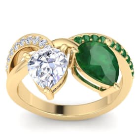 3 1/2 Carat Emerald and Lab Grown Diamond Two Stone Engagement Ring In 14 Karat Yellow Gold, Pear