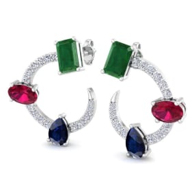 3 Carat Emerald, Ruby, Sapphire and Lab Grown Diamond Hoop Earrings In 14 Karat White Gold, 3/4 Inch