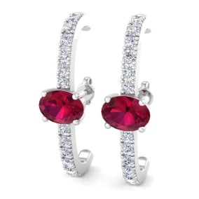 2 Carat Ruby and Lab Grown Diamond Hoop Earrings In 14 Karat White Gold, 1 Inch - Oval