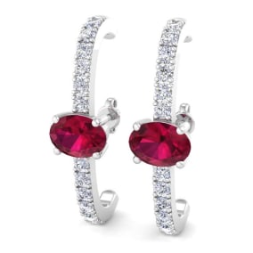 2 Carat Ruby and Lab Grown Diamond Hoop Earrings In 14 Karat White Gold