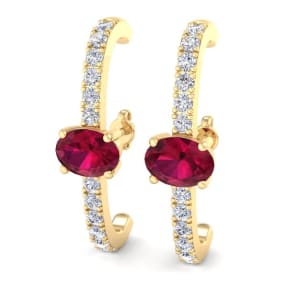 2 Carat Ruby and Lab Grown Diamond Hoop Earrings In 14 Karat Yellow Gold, 1 Inch - Oval