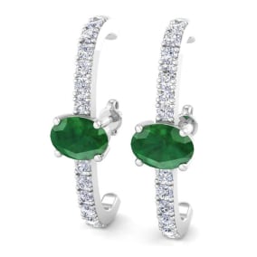 2 Carat Emerald and Lab Grown Diamond Hoop Earrings In 14 Karat White Gold, 1 Inch - Oval