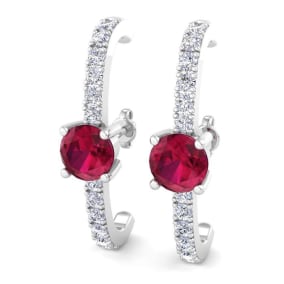 2 Carat Ruby and Lab Grown Diamond Hoop Earrings In 14 Karat White Gold, 1 Inch - Round