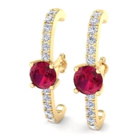 2 Carat Ruby and Lab Grown Diamond Hoop Earrings In 14 Karat Yellow Gold, 1 Inch - Round