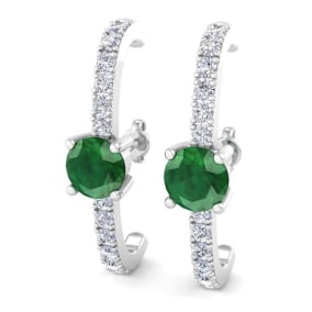 2 Carat Emerald and Lab Grown Diamond Hoop Earrings In 14 Karat White Gold
