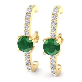 2 Carat Emerald and Lab Grown Diamond Hoop Earrings In 14 Karat Yellow Gold, 1 Inch - Round