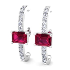 2 1/2 Carat Ruby and Lab Grown Diamond Hoop Earrings In 14 Karat White Gold, 1 Inch - Emerald