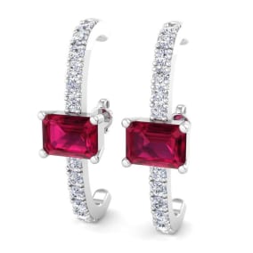 2 1/2 Carat Ruby and Lab Grown Diamond Hoop Earrings In 14 Karat White Gold