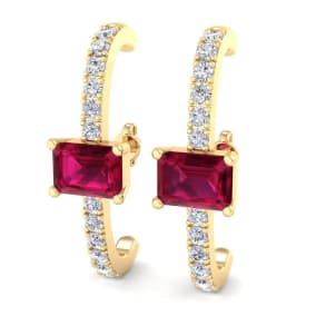 2 1/2 Carat Ruby and Lab Grown Diamond Hoop Earrings In 14 Karat Yellow Gold, 1 Inch - Emerald
