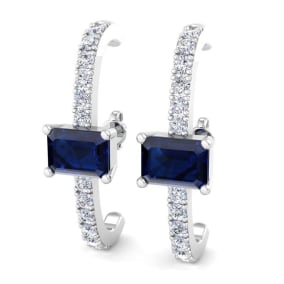 2 1/2 Carat Sapphire and Lab Grown Diamond Hoop Earrings In 14 Karat White Gold