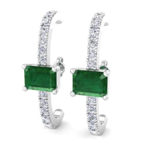 2 1/2 Carat Emerald and Lab Grown Diamond Hoop Earrings In 14 Karat White Gold, 1 Inch - Emerald