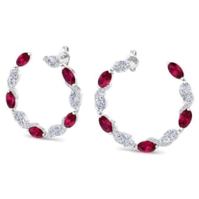 4 3/4 Carat Ruby and Lab Grown Diamond Hoop Earrings In 14 Karat White Gold, 3/4 Inch